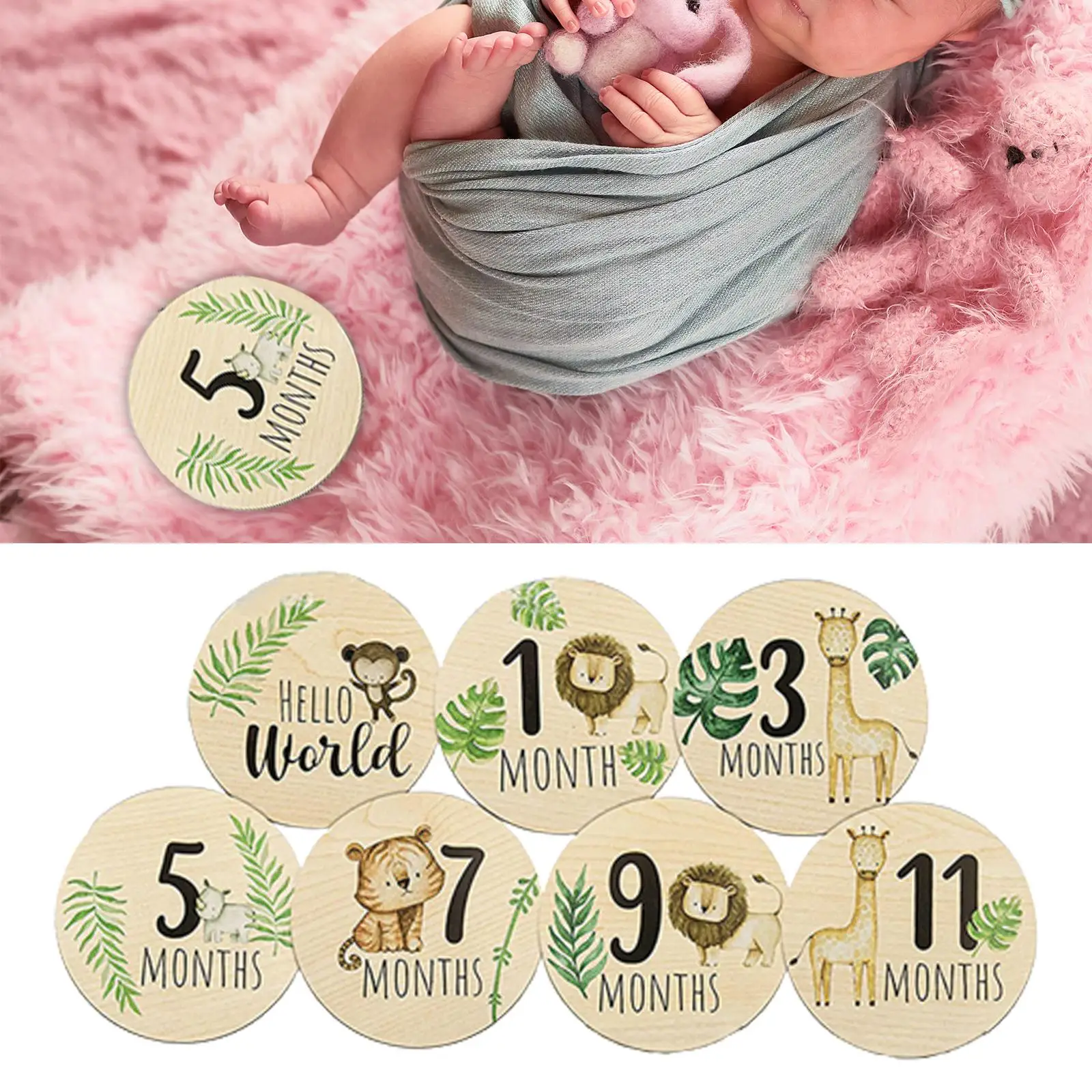 

7 Pieces Baby Milestone Cards Baby Months Signs 1-12 Months Round Wooden Monthly Cards Discs for Baby Growth Newborn Photo Props