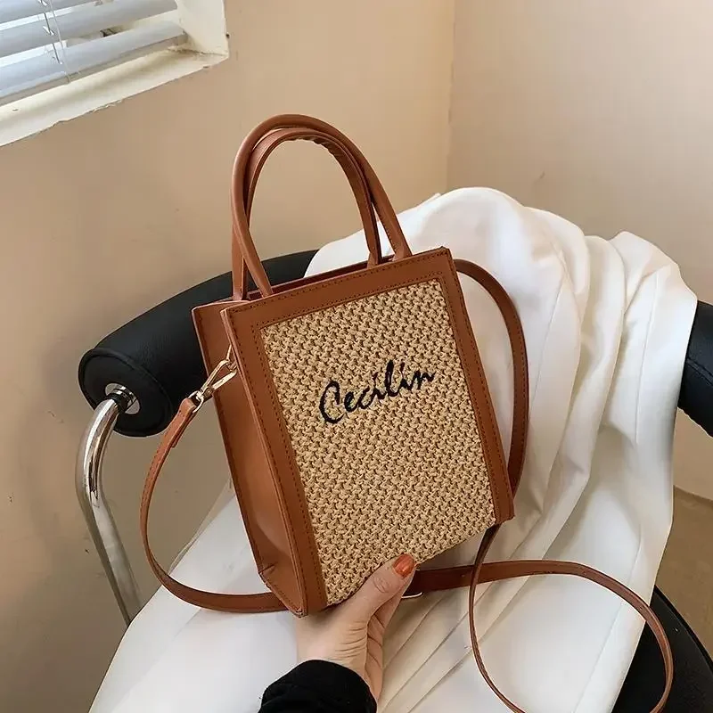 Vacation Beach Shoulder Crossbody Bag 2024 Popular Women's Handbags New Fashion Designer Grass Knitted Handheld Small Square Bag