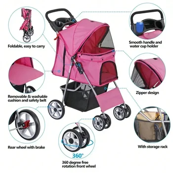 Foldable Carrier Strolling Cart 4 Wheel Pet Stroller, for Cat, Dog w/ Cup Holder 3