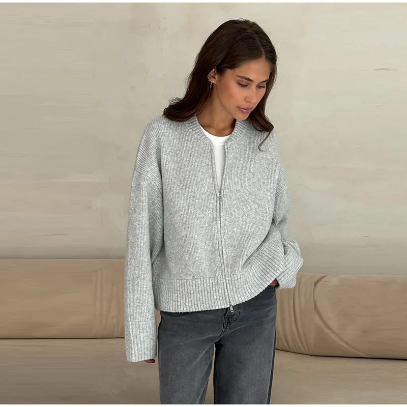 Vintage Knit Zipper Cardigan For Women Solid Loose O Neck Long Sleeve Sweater Top Female Fall Winter All-matching Knitwear