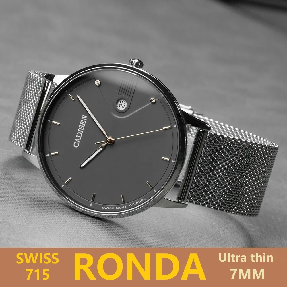 CADISEN suisse Ronda 715 montre à Quartz homme 7MM cadran Ultra-mince saphir lumineux acier inoxydable Milano maille bracelet montres hommes 1