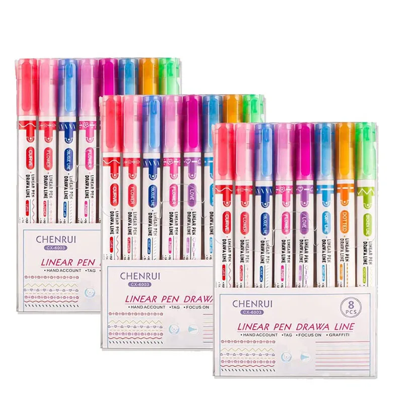 

3 Pack Curve Highlighter Pen Set 8Colors Fine Lines Different Curve Shapes Flownwing Flair Pen for Kids Teenage Adult Journaling