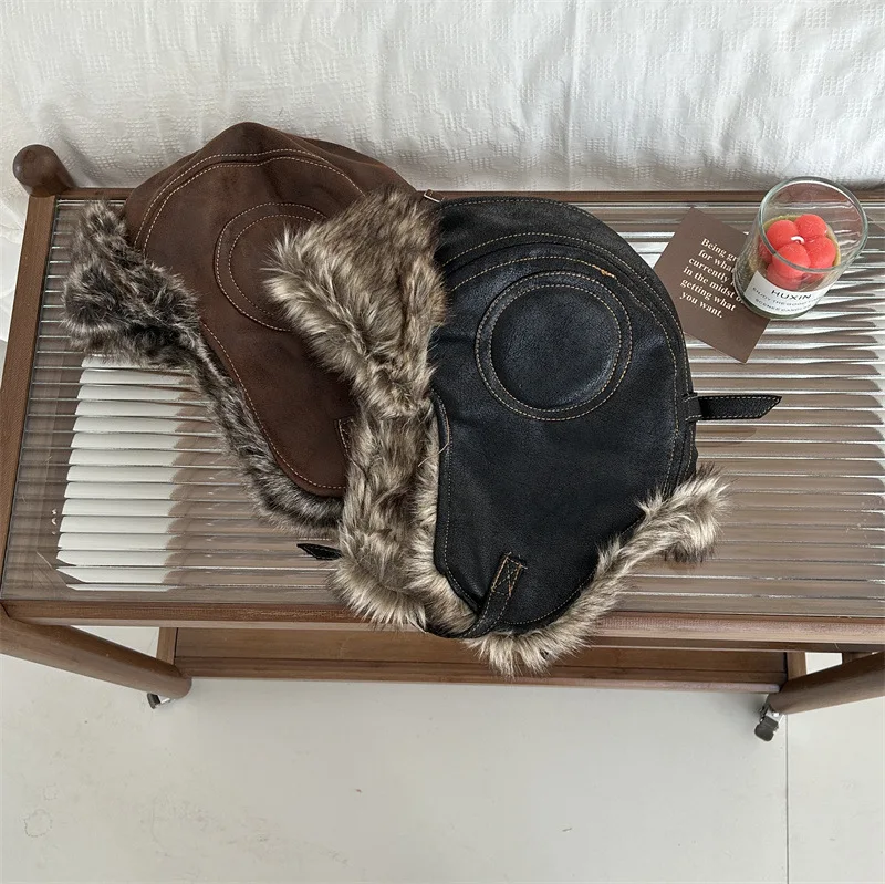 Winter Hat Korean Version Retro Plush Pilot Bomber for Men and Women Ins Thickened Warm Windproof Ski