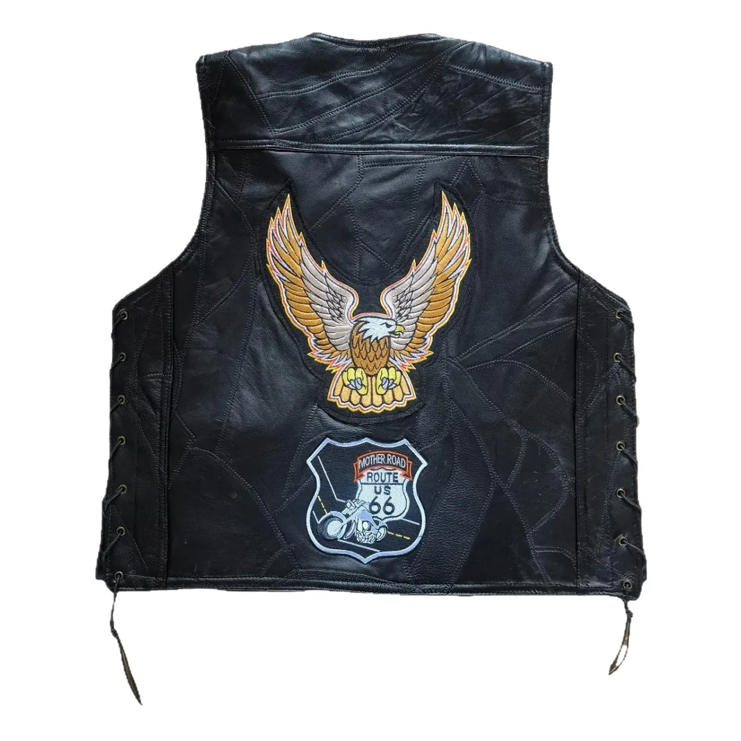 Men's Genuine Leather Vest Motorcycle Riding Jacket Gold Eagle Embroidery Badge Style Biker Vest Streetwear Straight Cut - 5