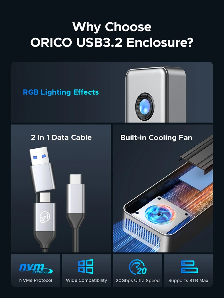 ORICO RGB 20Gbps USB4 M.2 SSD Ŭ, ð ǳ PCIe4.0 NVME Ŭ , ˷̴ ȣȯ Ʈ 3/4, 8TB