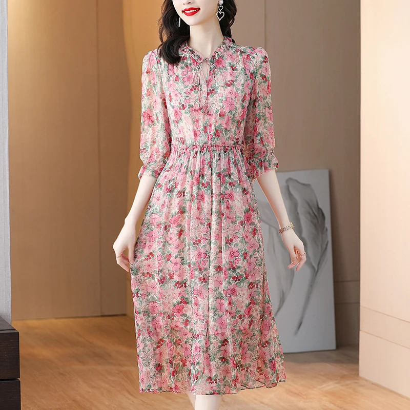 

2023 New Fashion Silk Printed Dress Women's Summer Elegant Versatile Loose Fit Leisure Holiday Travel Knee Length Dress Vestidos