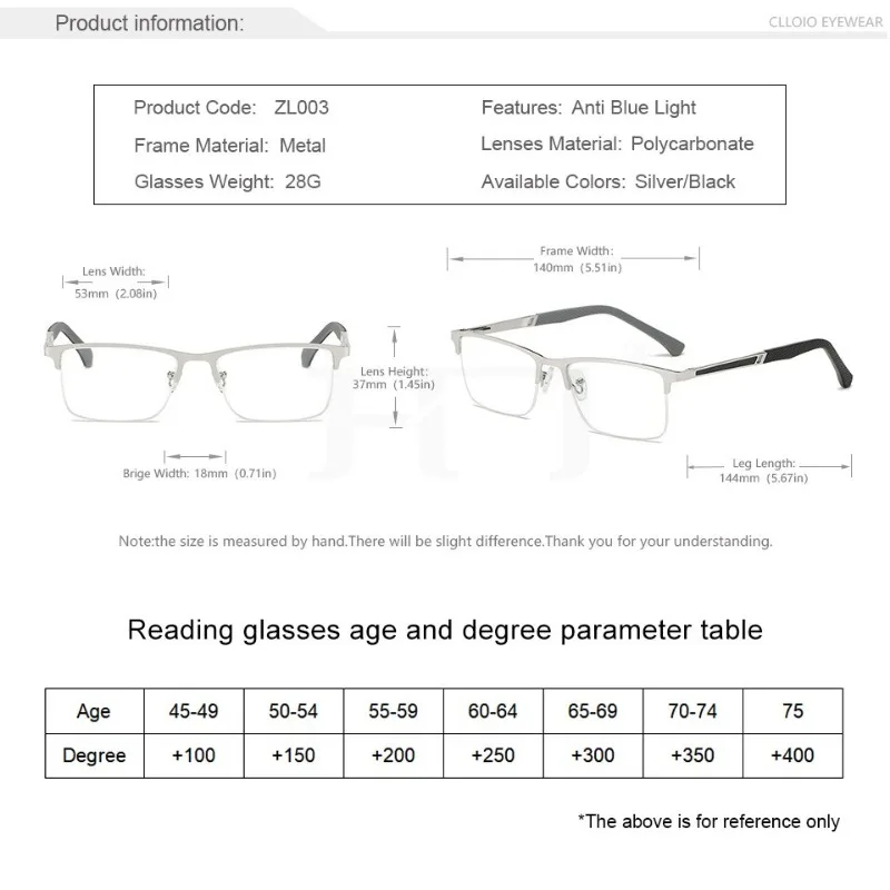 Reading Glasses Men's Business Reading Lens Metal Frame Optical Anti Blue Light Presbyopia Glasses +0.5 To +4.0