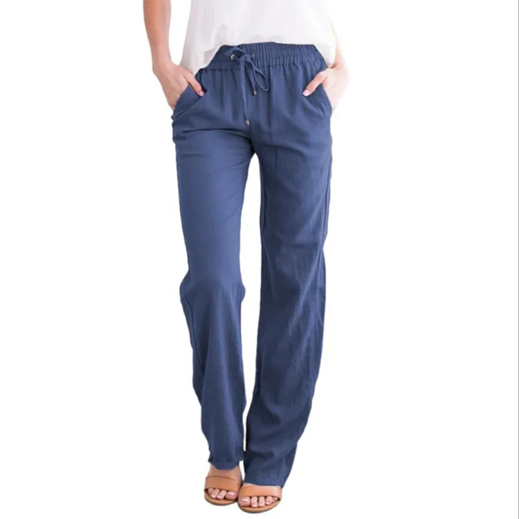 Summer Women's Solid Color High Waist Lace-up Wide Leg Straight Leg Women's Trousers Cotton Hemp Loose Casual Pants