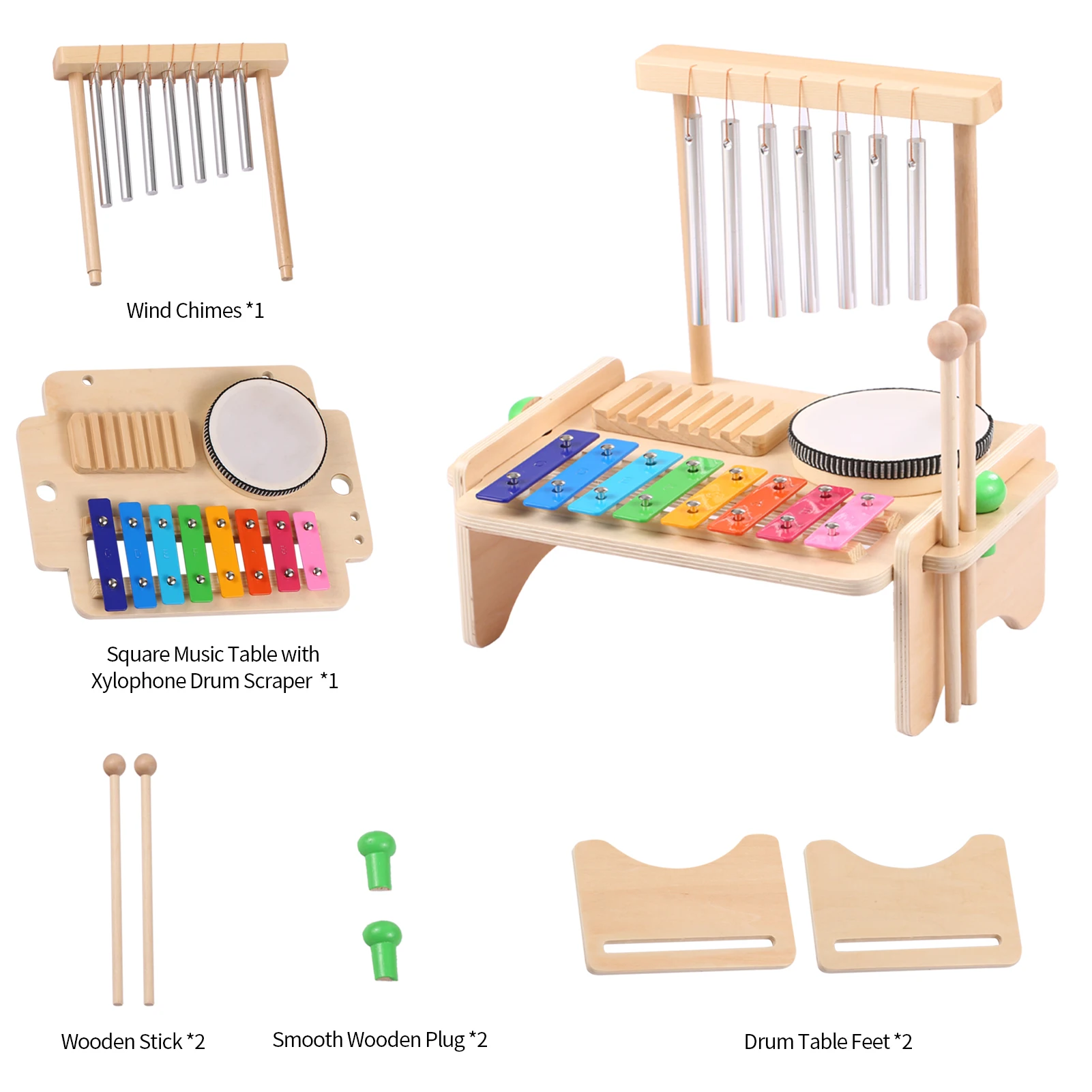 Wind Chime Combination Set Kids Drum Set Xylophone Drum Wood Guiro Scraper 4-in-1 Musical Instruments for Kid Gift Musical Percussion Toy Guiro Scraper