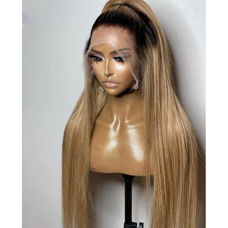 Long Silk Top Human Hair Wig Glueless Ombre Honey Blonde Jewish Wig