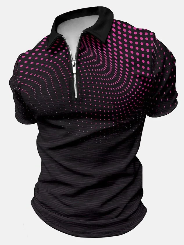 

Geometric Polka Dot Abstract Art Gradient Wave Shading Business Printing Random Print Polo Collar Casual Zip Up Polo Shirt