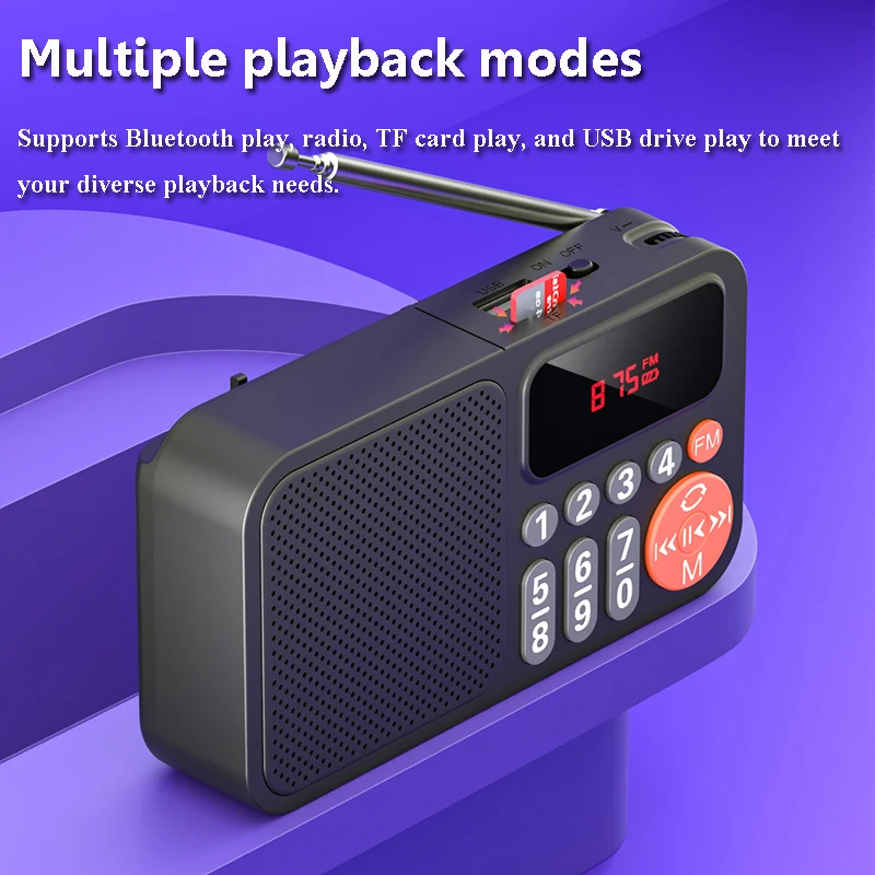 Mini Portable FM Radio Handheld Rechargeable Digital FM USB TF MP3 Player Bluetooth Speaker with LED Display Radios Receiver