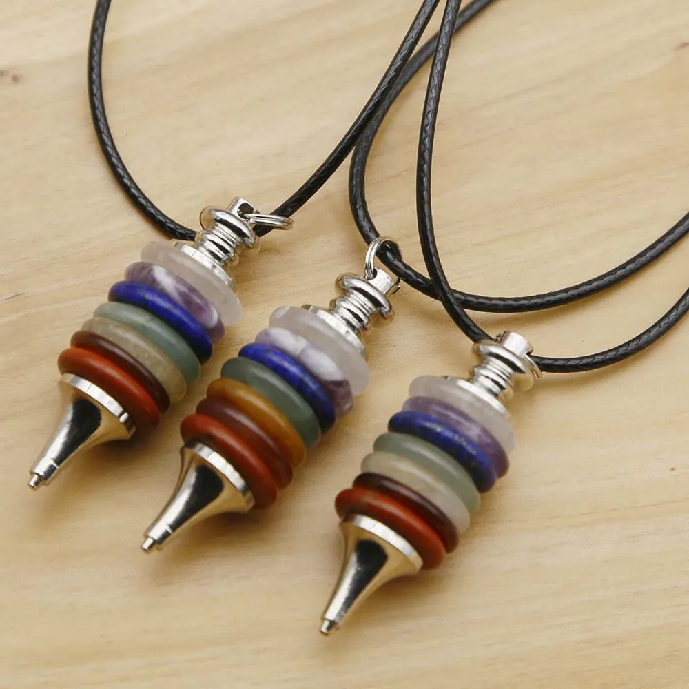 Natural Crystal Colorful Stone Leather Rope Necklaces Pendant Round Piece Spirit Pendulum Fashion Charms Detachable Jewelry 2Pcs