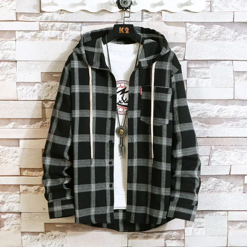 

Fat Plaid Shirt Men's Hooded Large Size Loose Bf Style Long Sleeve Shirt Jacket Men's Spring Wear Hoodies Sweatshirts Man