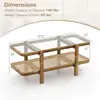 Rattan Coffee Table, 47.5" Rectangle Solid Wood Tea Table w/Tempered Glass Tabletop & PE Rattan Storage Shelf 2