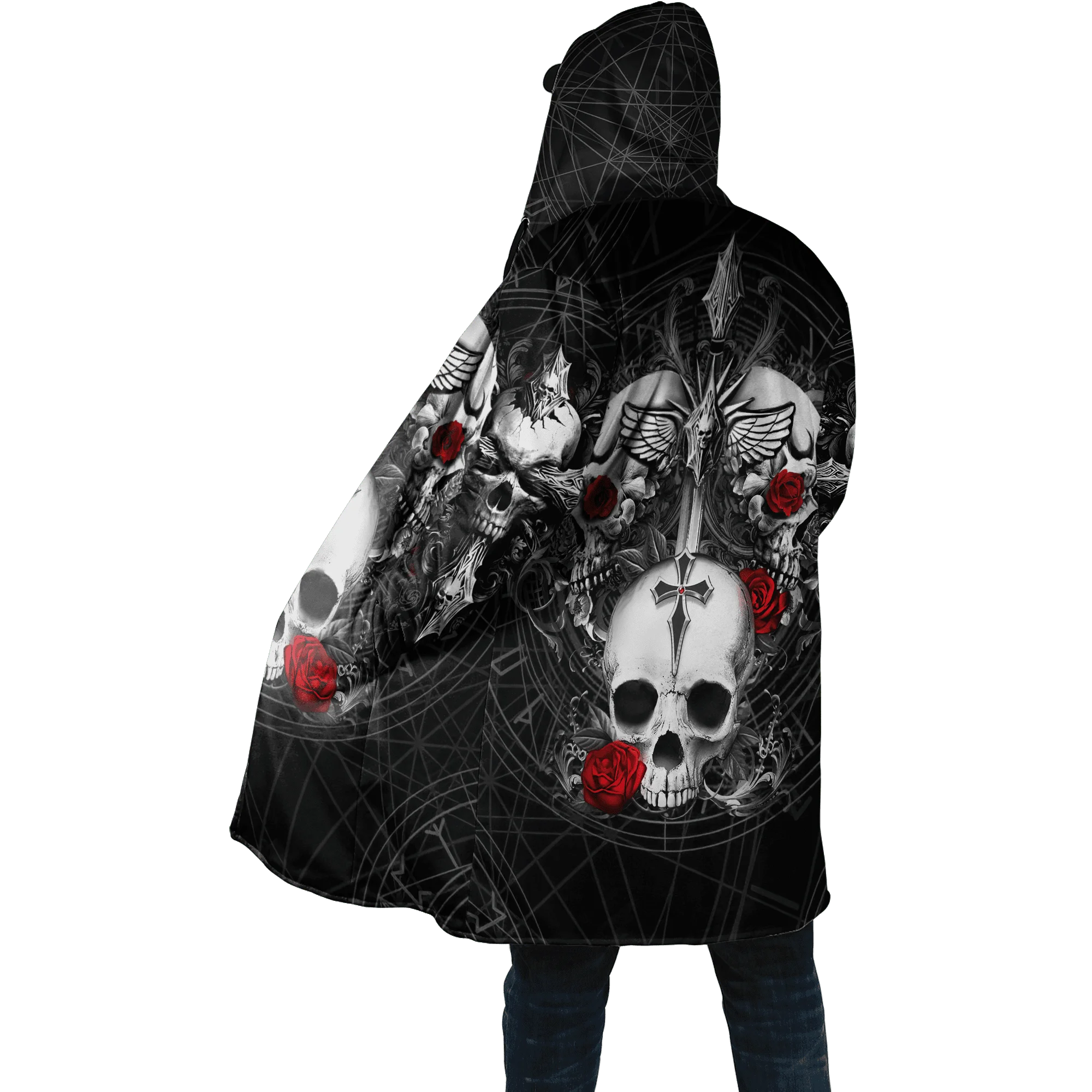 PLstar Cosmos Herren-Umhang, Totenkopf, Teufel, Tattoo, 3D-Allover-bedruckter Fleece-Kapuzenumhang, Unisex, lässig, dick, warm, Umhang, Mantel PF71 – Detail 28