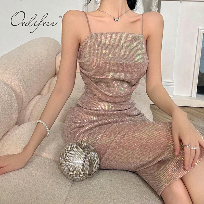 

Ordifree 2022 Summer Women Party Midi Dress Slit Wedding Guest Sexy Backless Sequin Pink Evening Dress
