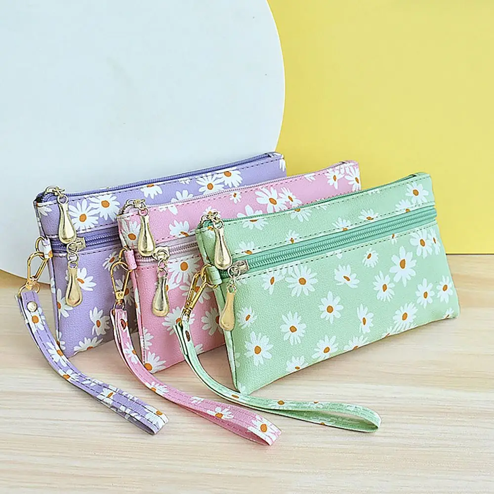 Daisy Printed PU Leather Money Coin Purse Wear-resistant Credit Card Holoder Zipper with Wrist Strap Summer Wallet Money Bag