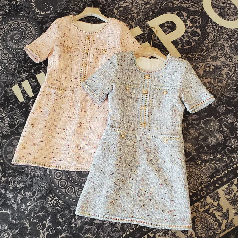 

JAMERARY Autumn Tweed Dress Women's Pearls Buttons Weave Short Sleeve O Neck Plaid Pockets Zipper Mini Short Dresses