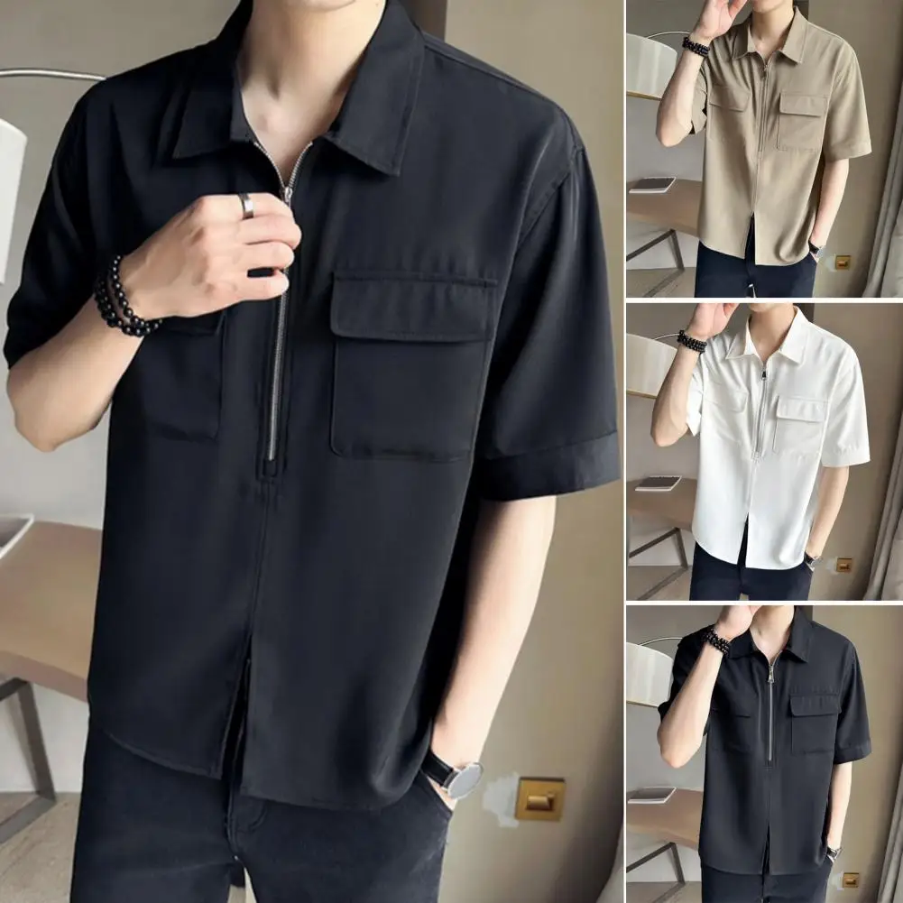 

Men Solid Color Shirt Streetwear Men's Summer Cargo Shirt Half Zipper Split Hem Chest Pockets Stylish Short Sleeve Top for Wear