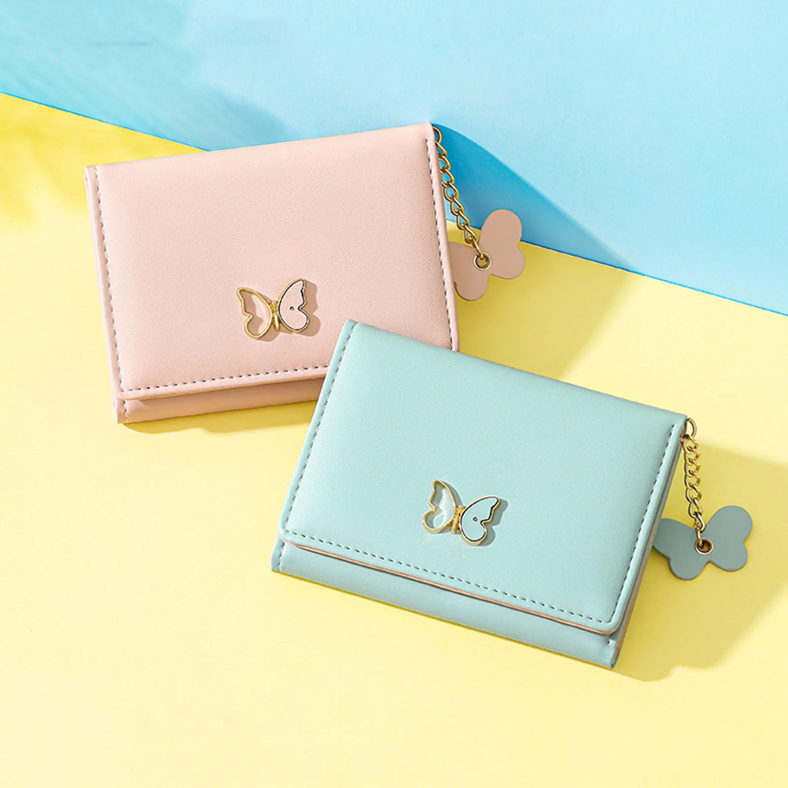 Butterfly Pattern Girls Short Wallet Fashion Tri Fold Design Buckle Chain Wallet Leather Cash Storage Clip Carteras Para Mujeres