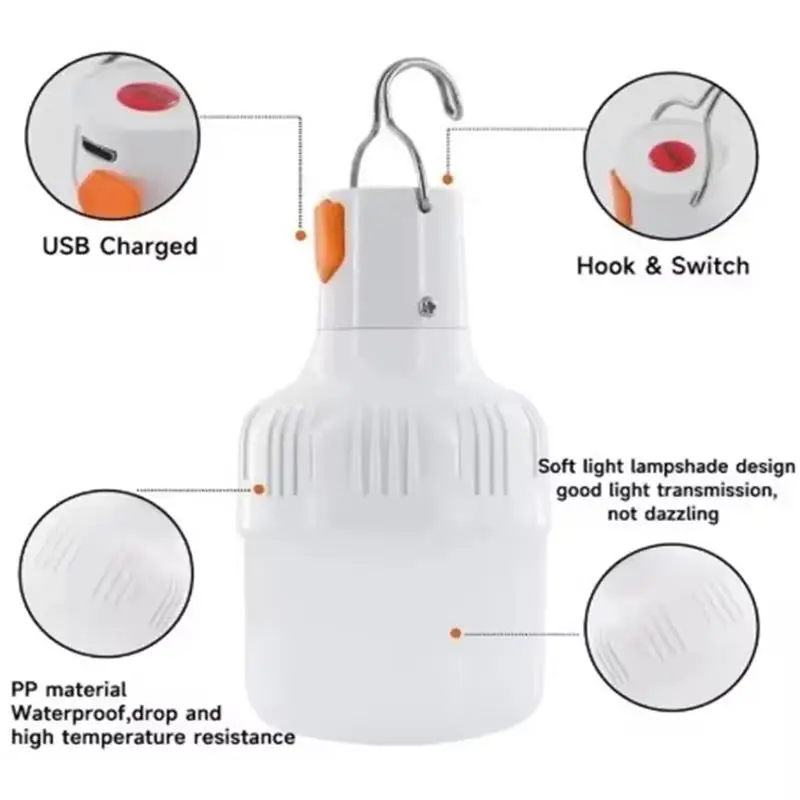 Portable Rechargeable Dimmable LED Waterproof Camping Brightness Light Outdoor Tent Light Emergency Night with Hook