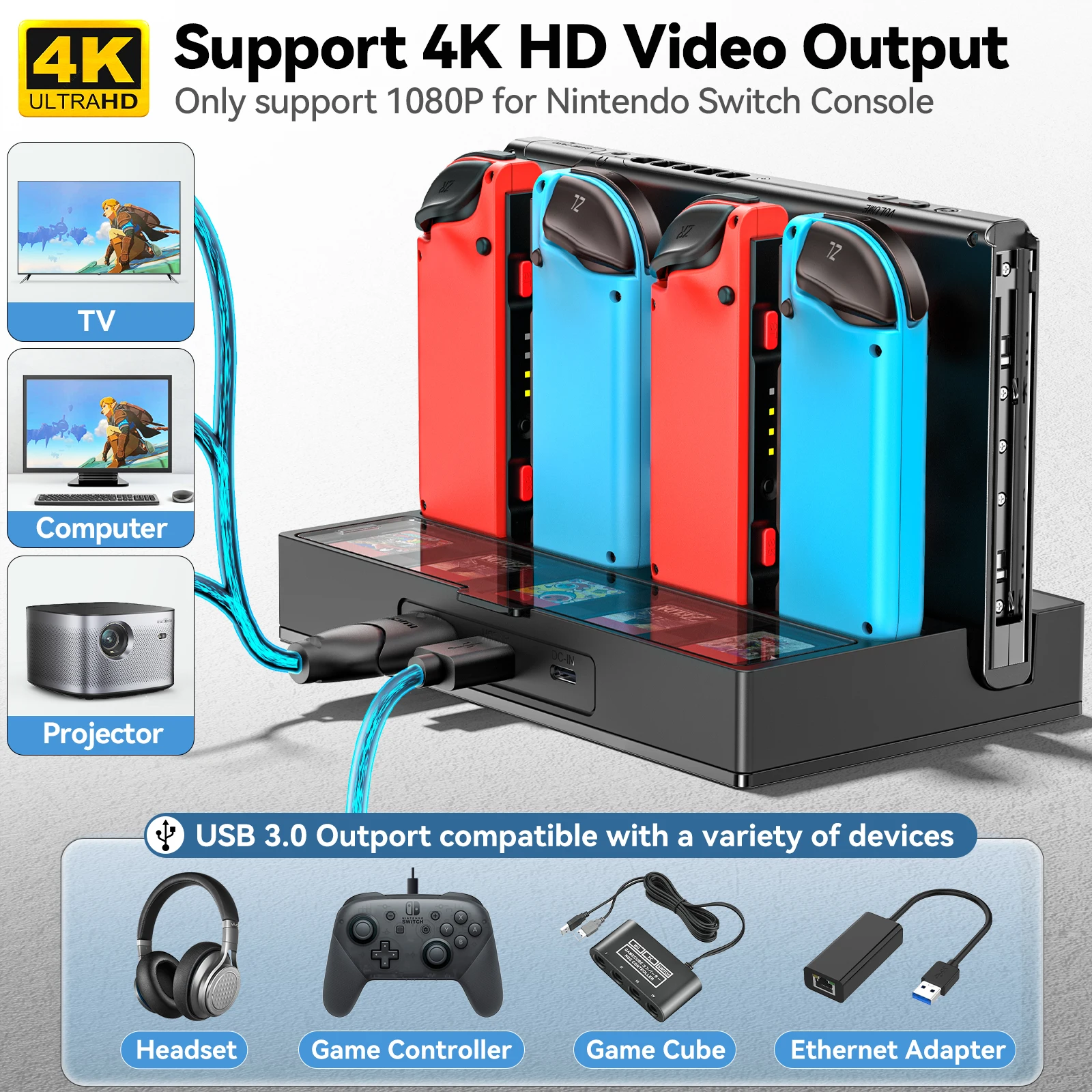 TV용 HDMI 스위치 도킹 스테이션, 닌텐도 스위치 및 스위치 OLED 휴대용 도크, 스위치 컨트롤러 충전기 포함, 4K