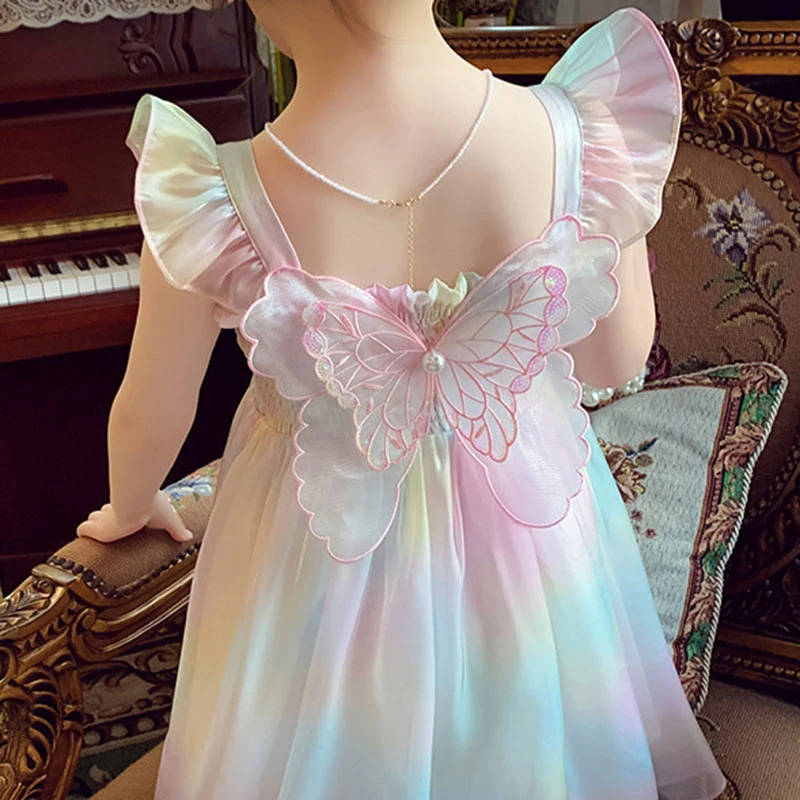 Robe papillon fantaisie couleur arc-en-ciel pour bébés filles, teinture par nouage, buste élastique, robe en maille, Robes mignonnes à bretelles décontractées pour tout-petits 1 Robe papillon fantaisie couleur arc-en-ciel pour bébés filles, teinture par nouage, buste élastique, robe en maille, Robes mignonnes à bretelles décontractées pour tout-petits 1