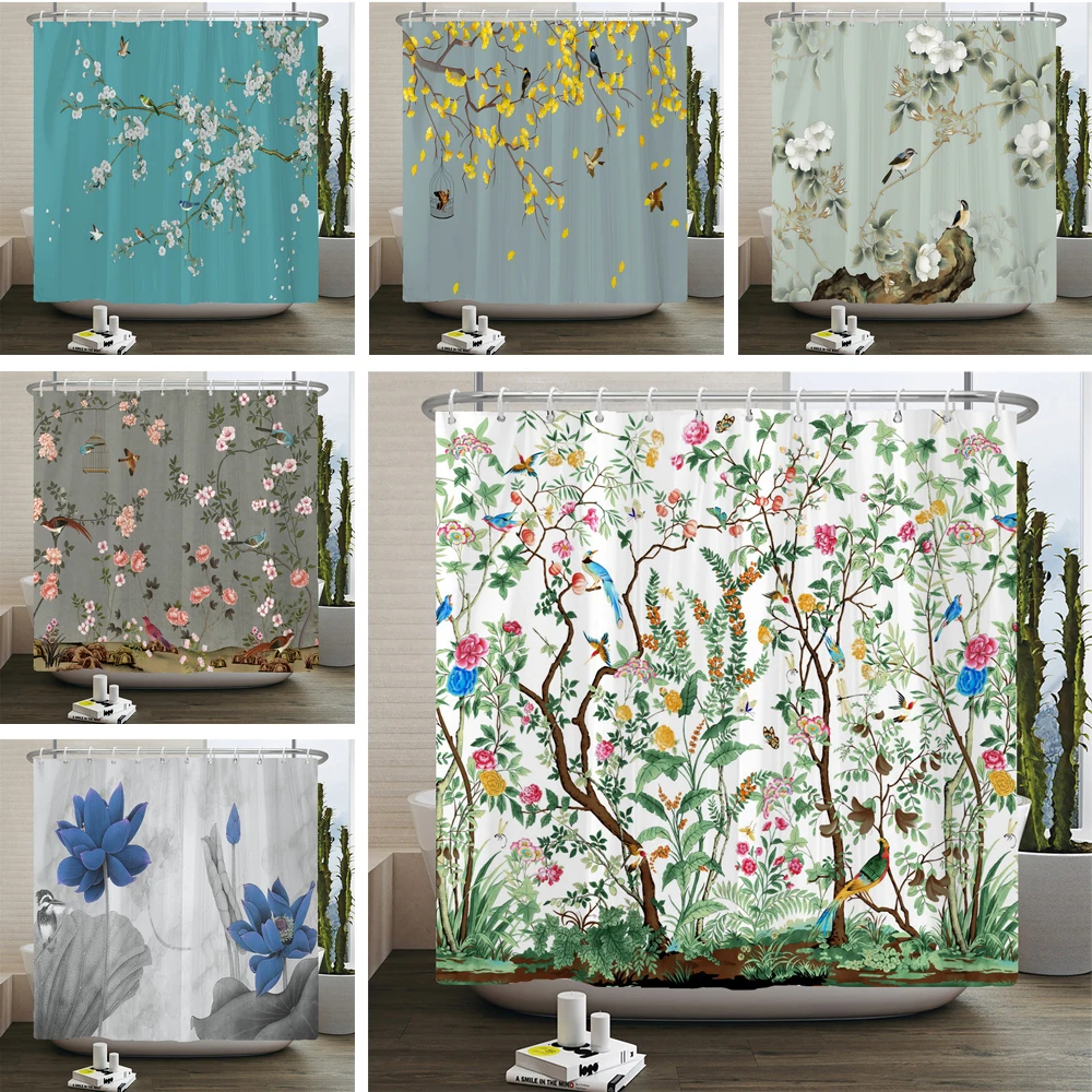 

Chinese style Flower Bird Plants Shower Curtain Waterproof Polyester Bath Curtain Art Boho Flowers Curtains For Bathroom Decor