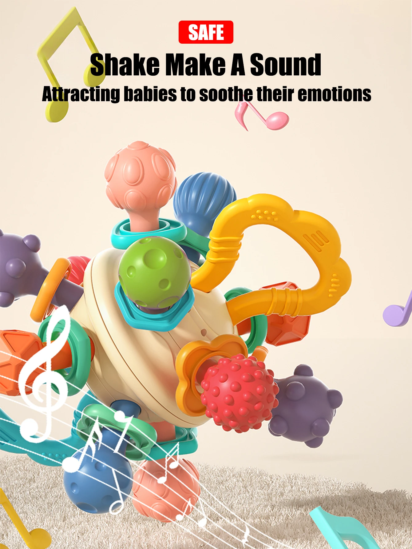1 piece of early sensory training ball for infants aged 0-1 years old. A soft rubber grip ball that makes a sound when shaken 4