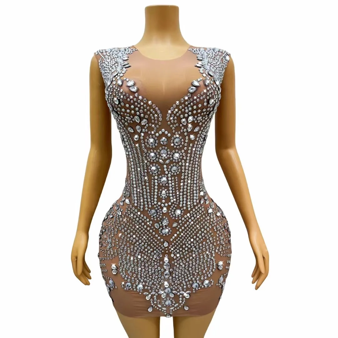 

Flashina SilverRhinestones Nude Mini DressBirthday Celebrate Transparent Sexy StretchCostume Fancy Sleeveless Outfit C334
