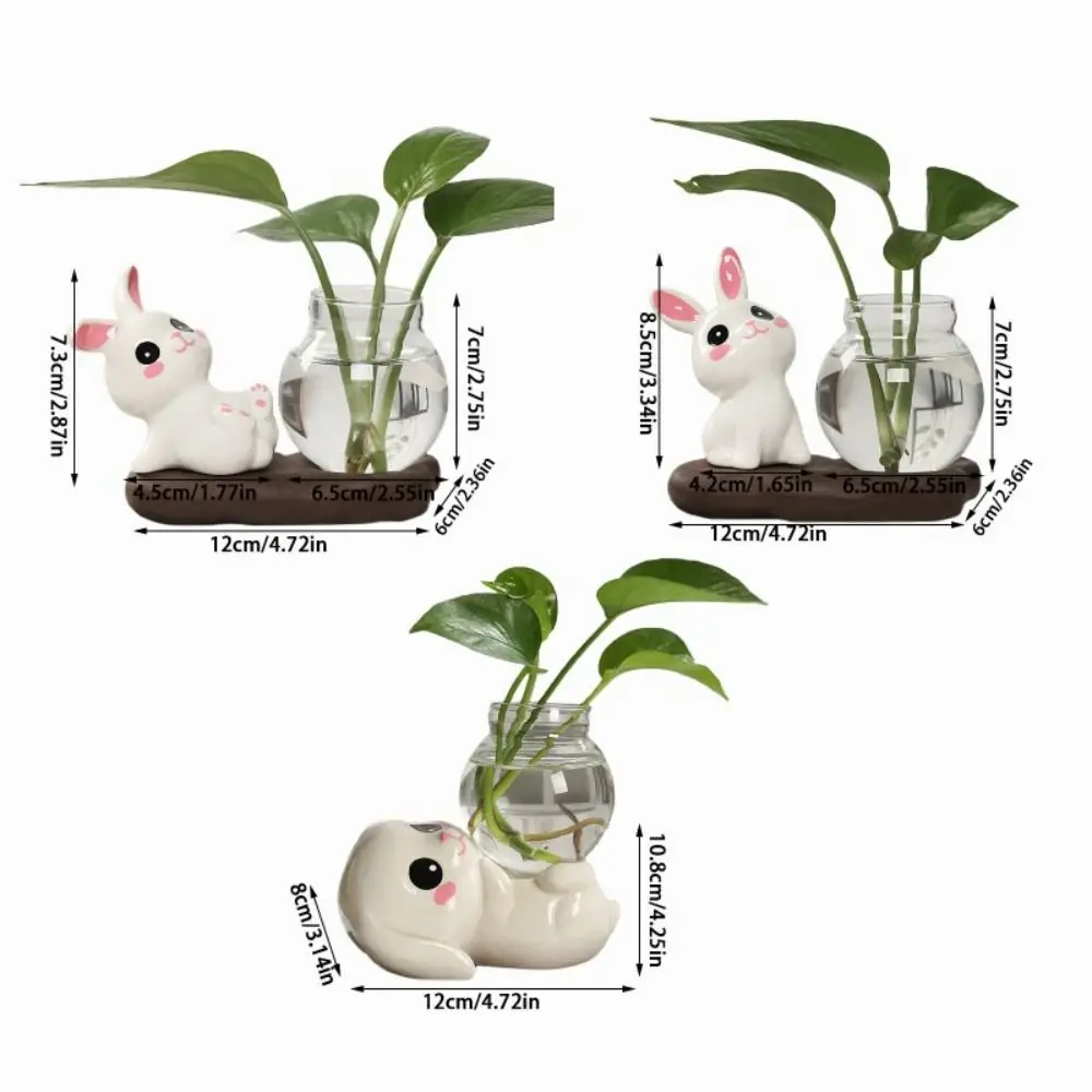Cute Rabbit Hydroponic Plant Vases Transparent Glass Vase Tabletop Decoration Aquatic Flower Bottle with Wooden Base