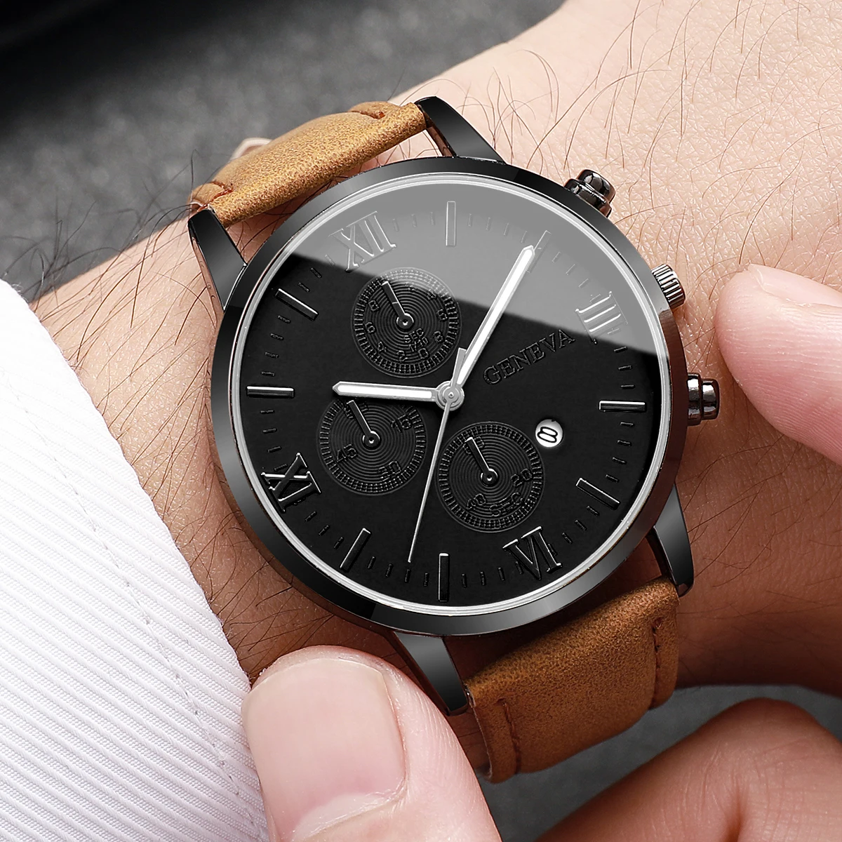 1PC Men's Casual Calendar Watch Men's Fashion Bussiness Temperament Leather Quartz Watch Unisex Watch Set (Box Not Included)