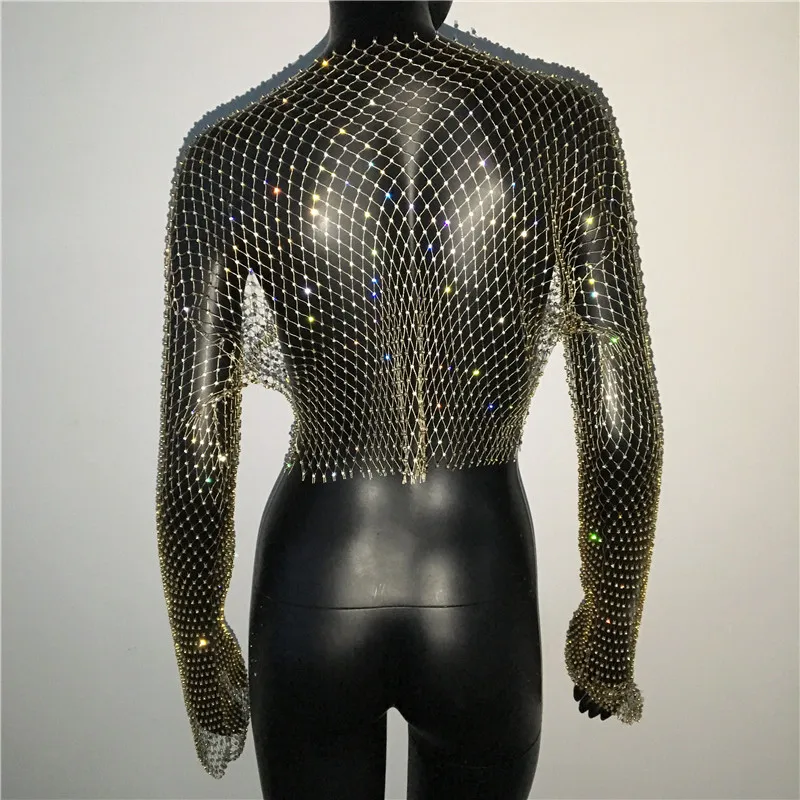 Women Sexy Mesh See Through T Shirt Shiny Rhinestone Fishnet Hollow Out Crop Top Long Sleeve Beach Cover Up Party Club Tank Tops