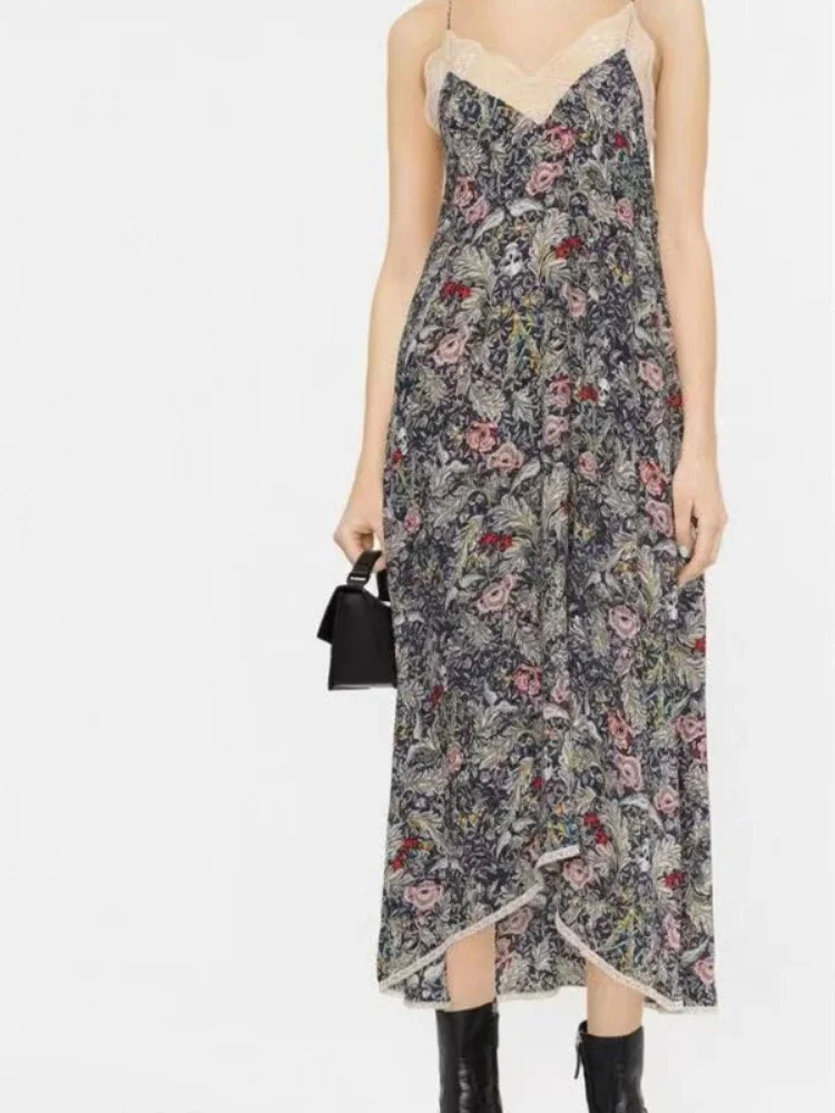 

100% Viscose Women Dress 2022 Summer V-neck Irregular Mid-calf Robe Floral Print Lace Trim Sleeveless Dresses