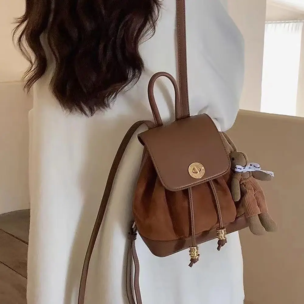 Drawstring Backpack Versatile Korean Style with Pendant Bucket Bag PU Leather Shoulders Bag College Student 3