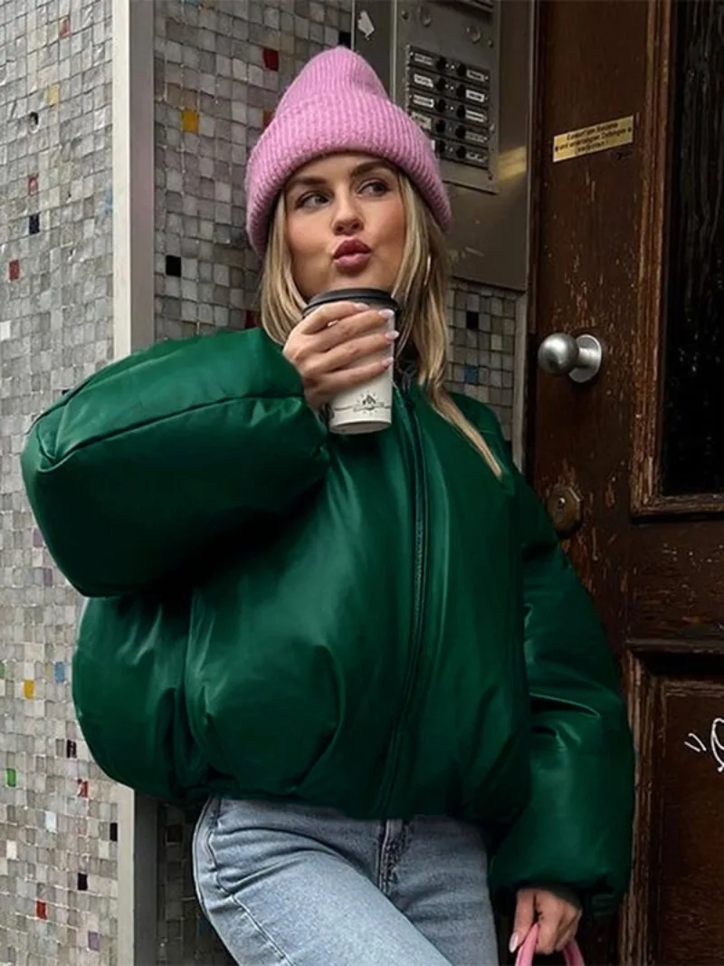 

Fashion High Street Bubble Cotton Coats for Women 2023 Winter Zipper Long Sleeve Warm Thick Short Parkas Female Solid Outerwear