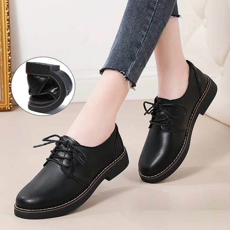 Wind-Kleinleder für Damen, weiche, rutschfeste schwarze Berufsarbeitsschuhe, einzelne Schuhe im englischen Stil mit flacher Sohle_voghion.com