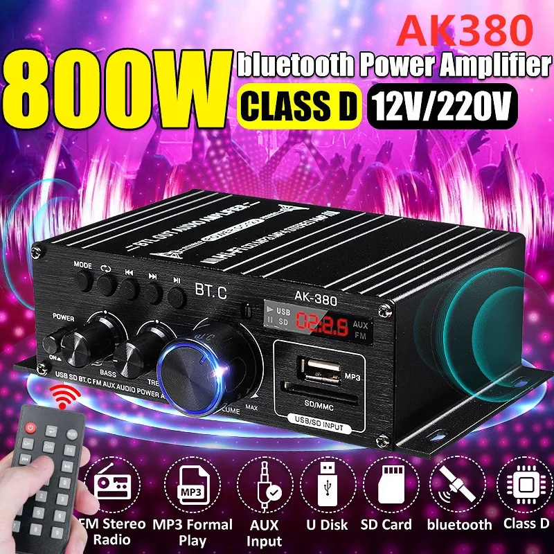 

AK380/AK370 800W Power Amplifier Audio Karaoke Home Theater Amplifier 2 Channel Bluetooth Class D FM Amplifiers USB/SD AUX Input