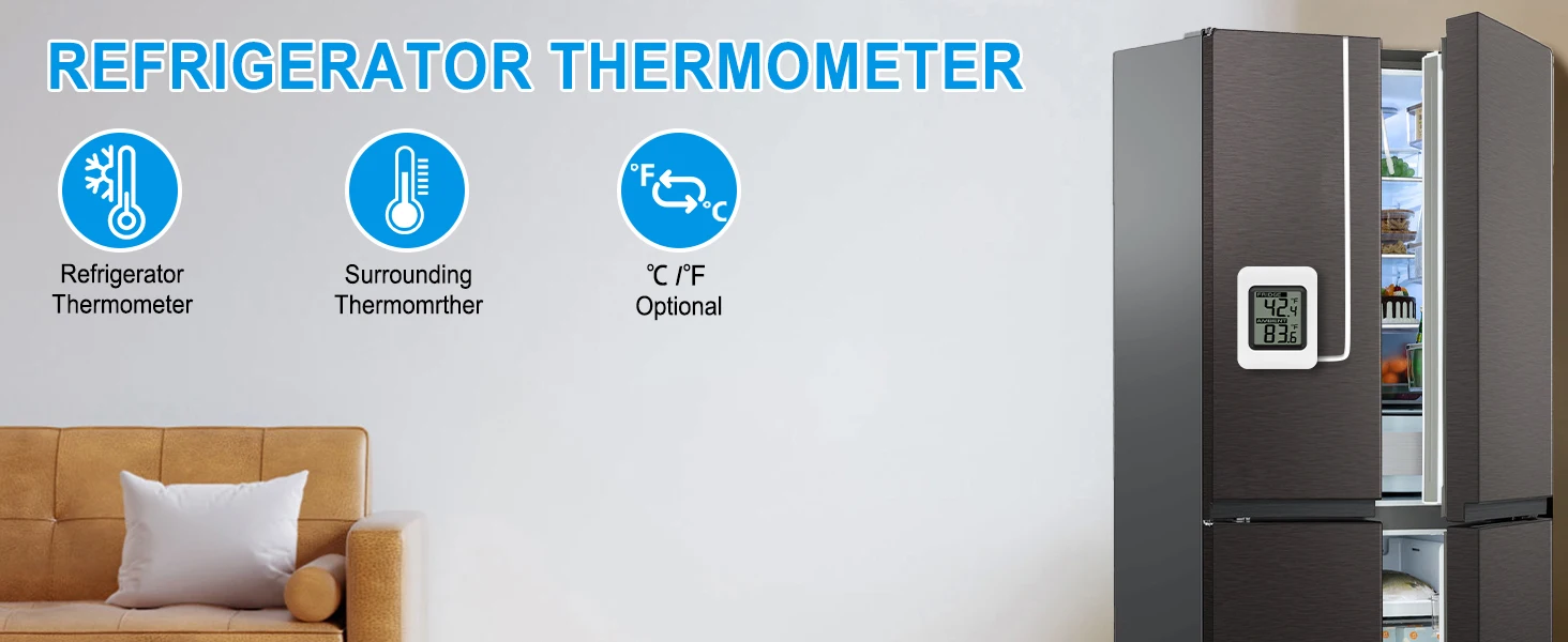Digital Refrigerator Thermometer with Large LCD Wired Freezer Room Indoor Outdoo