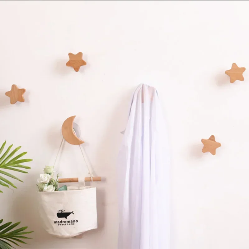 Creative Wooden Star Hook Drawer Handle Bedroom  Wall Hook Non Perforated Home Entrance Wall Hat Adhesive Hook Home Decorations 4