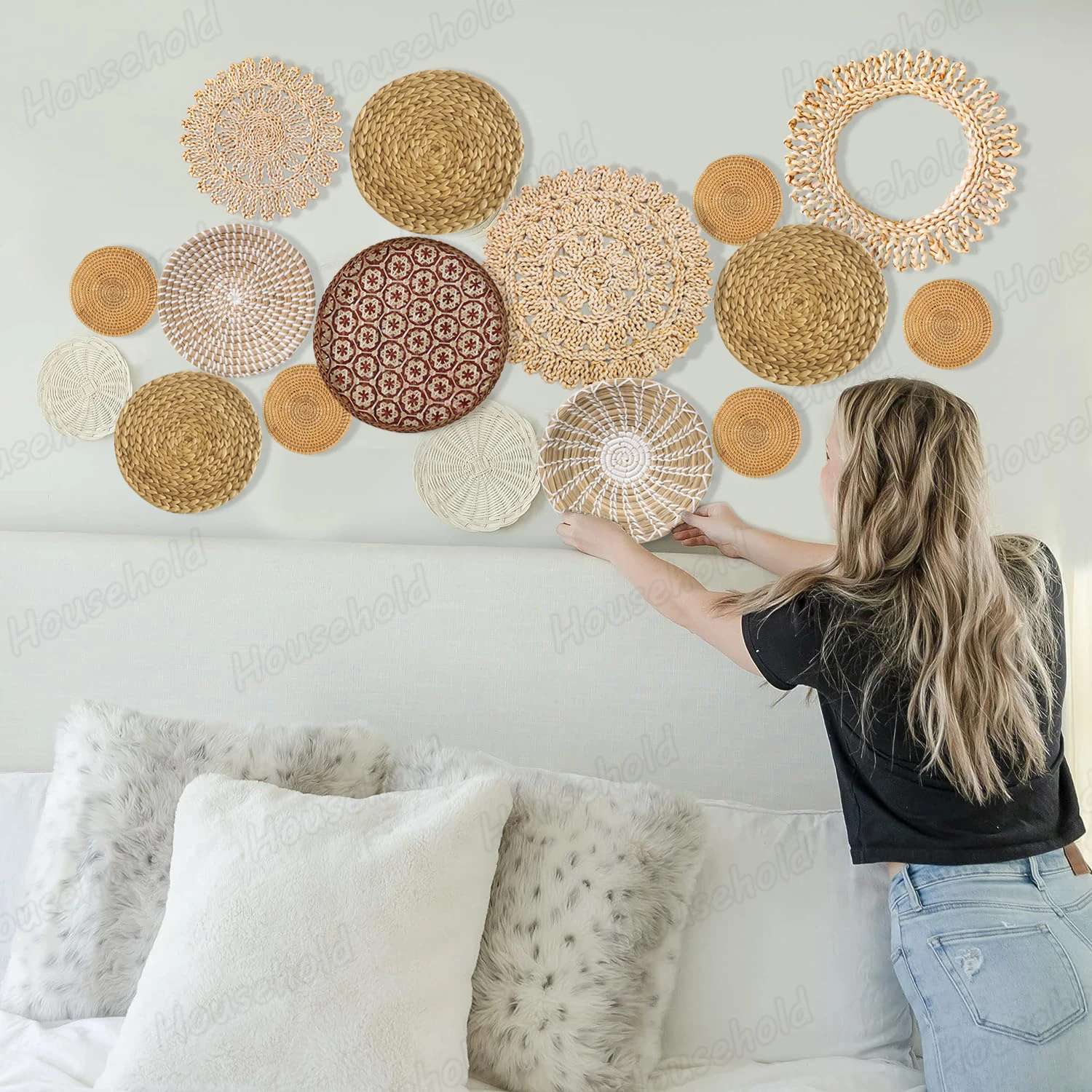 Set of 16 Hanging Woven Baskets Boho Handmade Wall Decor Round Rattan Straw Seagrass Baskets for Living Room/Kitchen/Bedroom 3