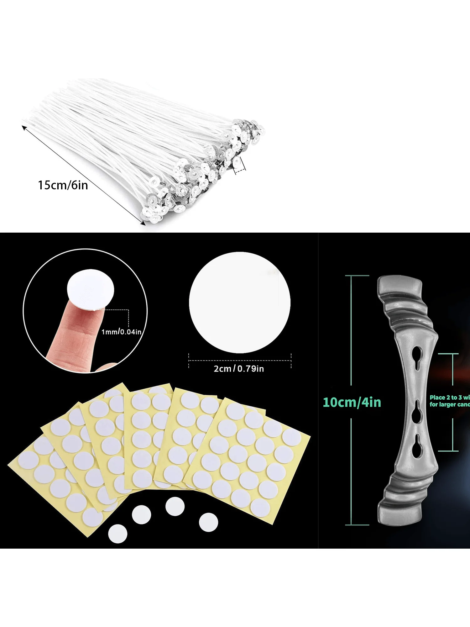 100 Piece 6inch Cotton Candle Wick Coated with Paraffin 100 Pieces Wick Sticker 1 Piece Metal Wick Holder for DIY Soy Beeswax Making
