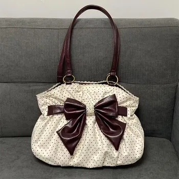 Borsa Tote Chic a Pois, Borsa a Spalla Vintage da Donna per il Pendolarismo, Versatile, Grande Capacità, Design a Pois, con Fiocco, Borsa Dolce