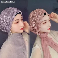 Luxury Lace Beading Turban Cap Dubai Muslim Women Party Headscarf Ready to Wear Hijab Fashion Shawls Headwrap Malaysia Headwear