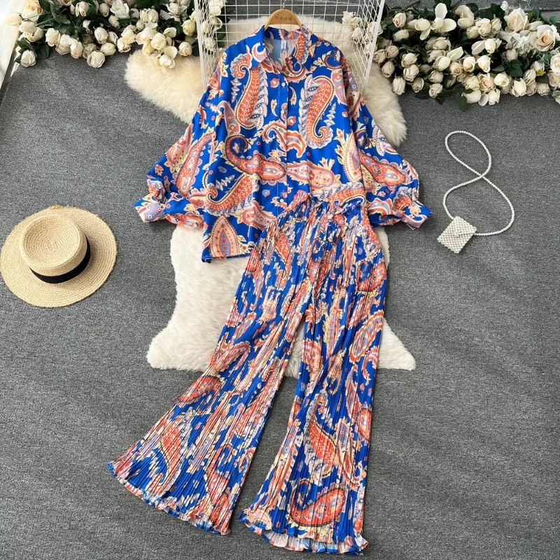 Suits Vacation Women Autumn Lapel Vintage Clothing Printed Loose Long Sleeve Lantern Sleeve High Waist Straight Casual Pants