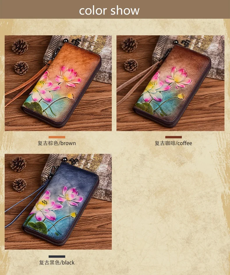 Blumen echte Kuh Leder Geldbörse weibliche Vintage Echt leder Frau Brieftasche lange chinesische Lotus Muster Clutch Tasche – Detail 4