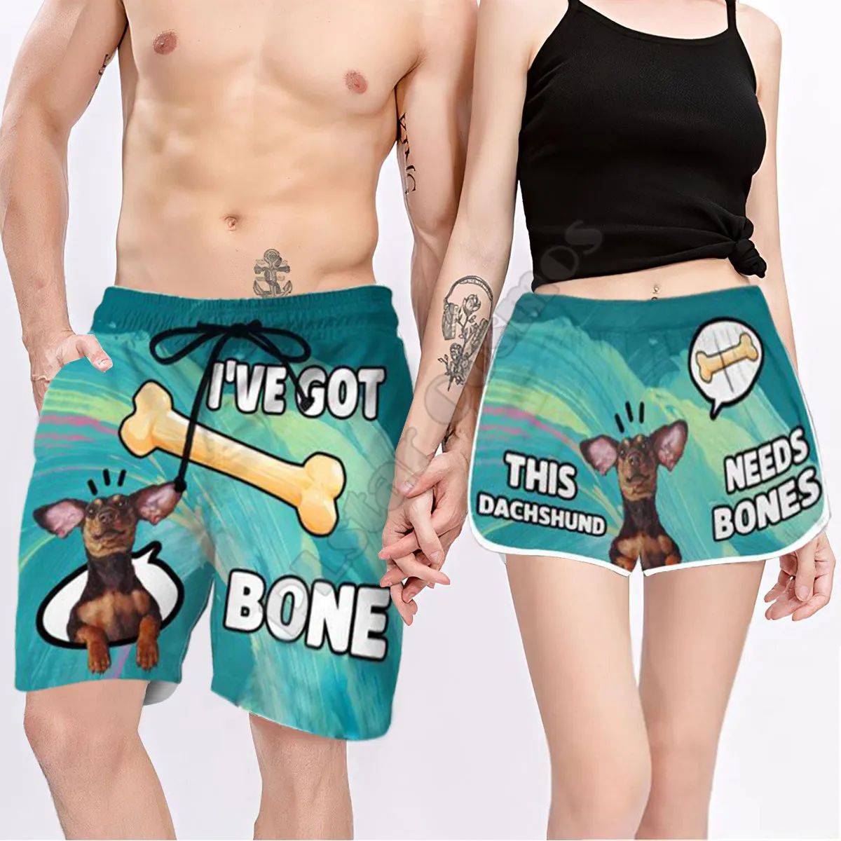 Couple Matching I’ve Got Bone This Dachshund Needs Bones Printed 3D Elastic Waist Summer Quick Dry Beach Shorts Swimming Trunks