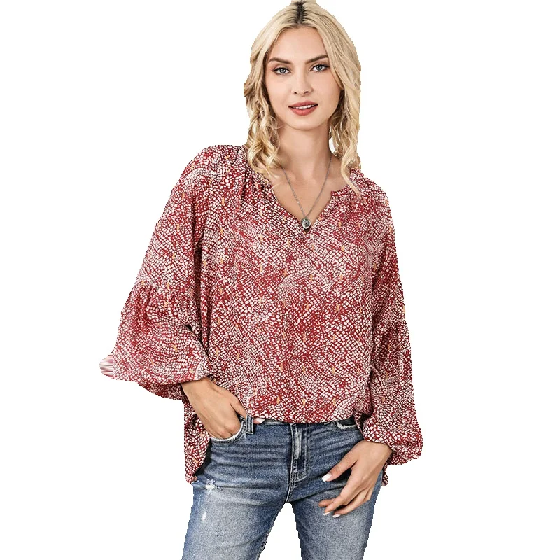 

2023 Autumn New Thin V-Neck Abstract Printed Chiffon Shirt Women's Casual Versatile Long Sleeve Pullover Women