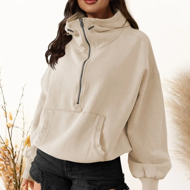 

Autumn and Winter Women's Pullover Hooded Zipper Drawstring Pocket Solid Shirring Long Sleeve Sports Sweater Fashion Casual Tops